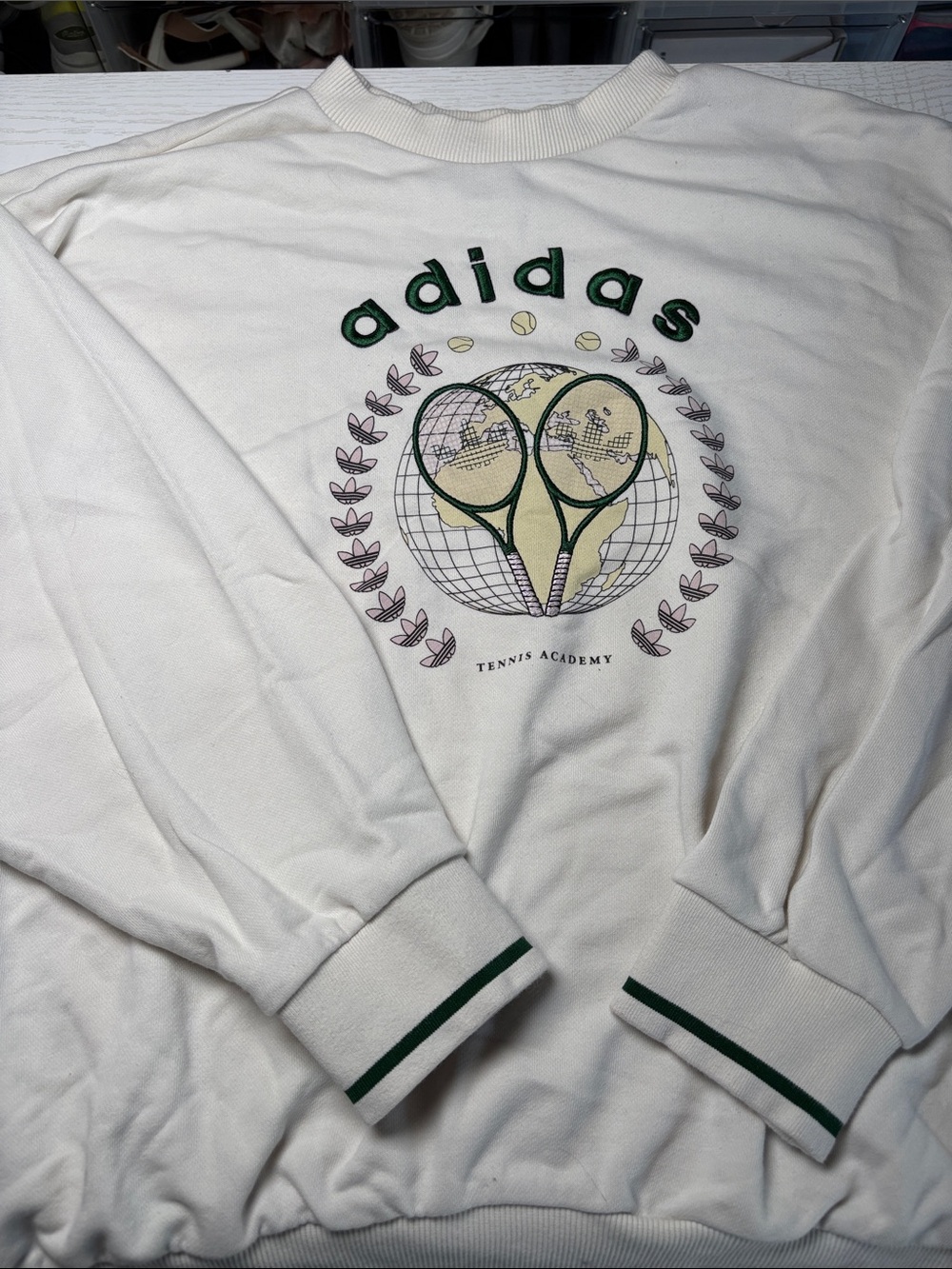 adidas White Crewneck Sweatshirt with Green Tennis Graphic